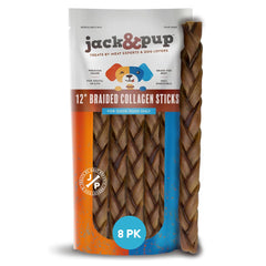 Bâtonnets Jack&Pup collagène 12 pouces tressés, texture robuste pour une mastication durable.