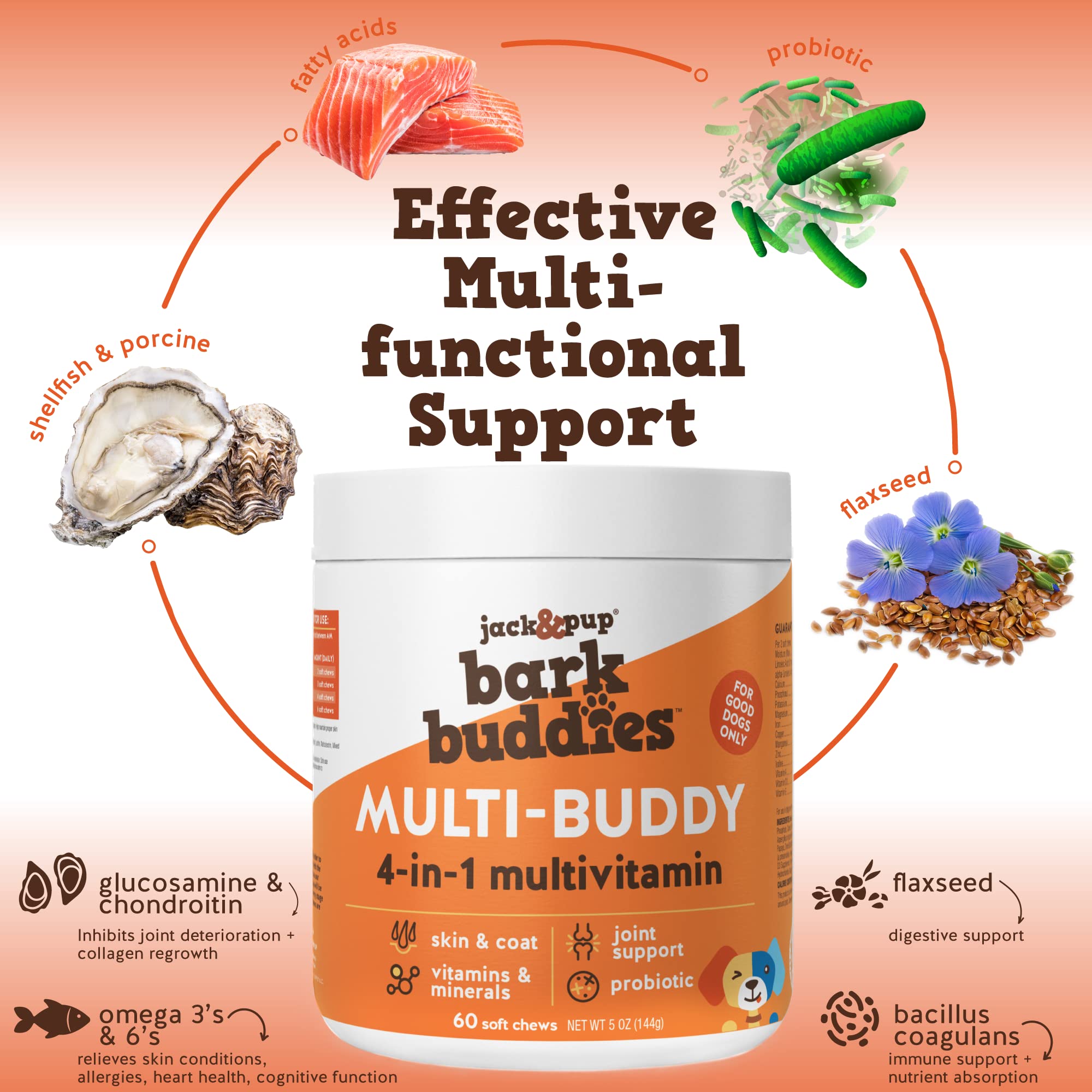 Probiotiques et vitamines Jack&Pup Bark Buddies soutiennent le système immunitaire canin
