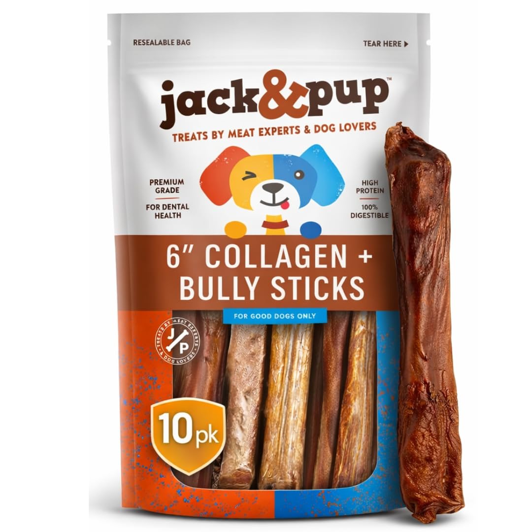 Jack&Pup bâtonnets de boeuf avec collagène, profil protéique et texture double pour chien.