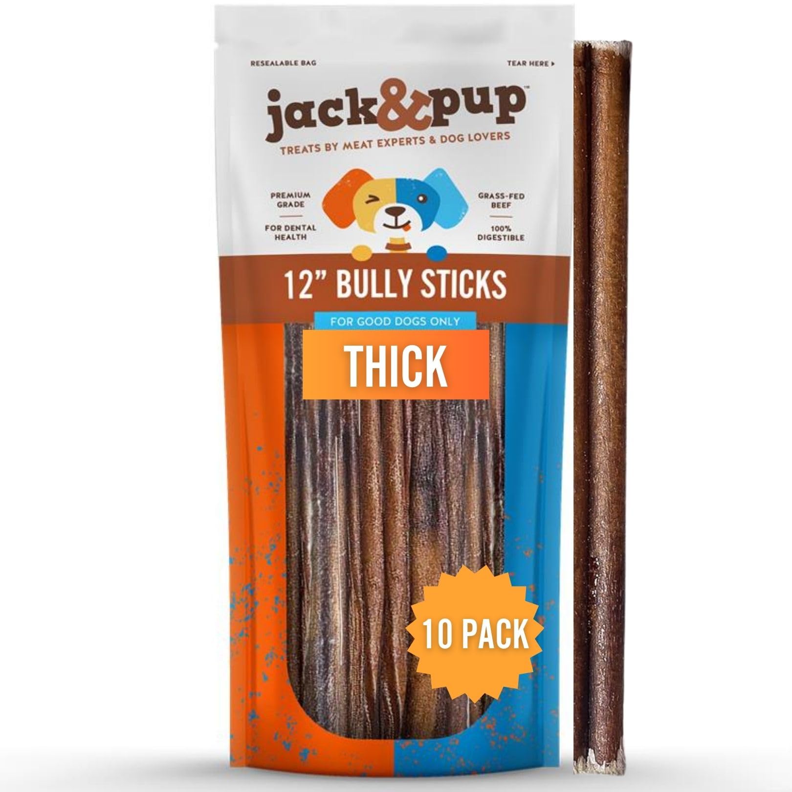 Jack&Pup bâton épais de boeuf 12 pouces, friandise durable pour chiens.