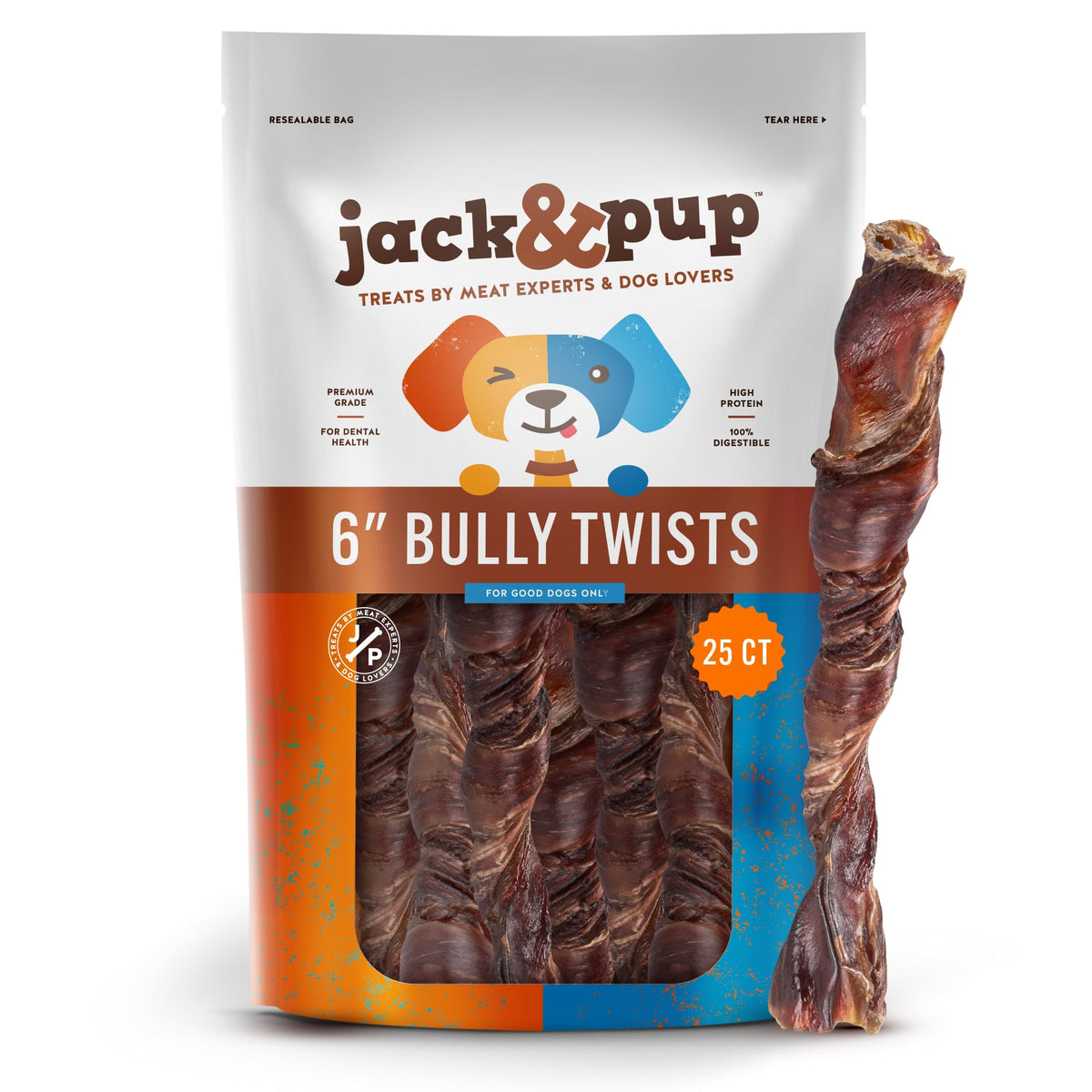 Jack&Pup Bully Twists ensemble-paquet-25ct, pratique pour le jeu et la mastication.