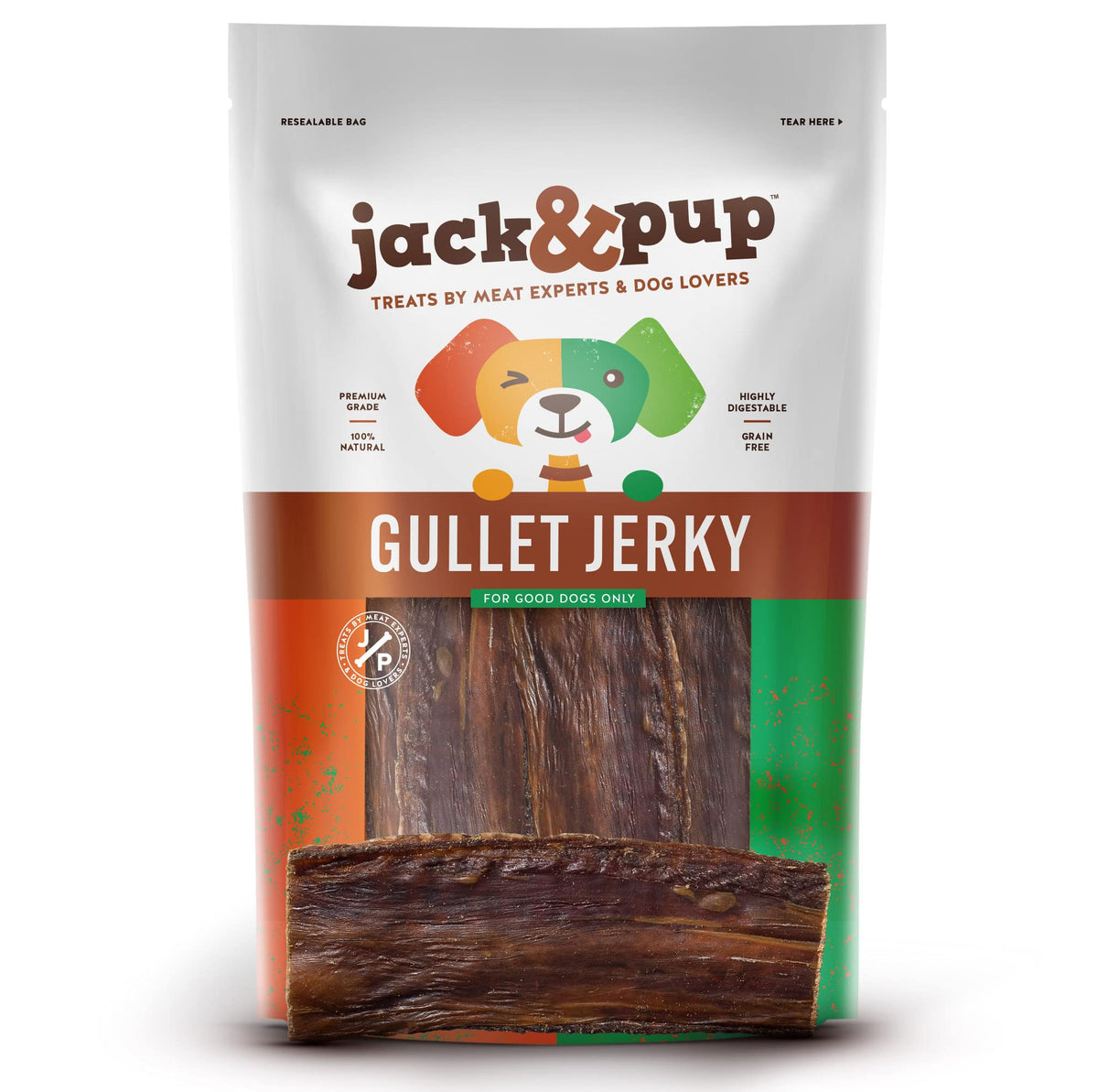 Jack&Pup jerky de bœuf pour chiens, emballage prêt à offrir.
