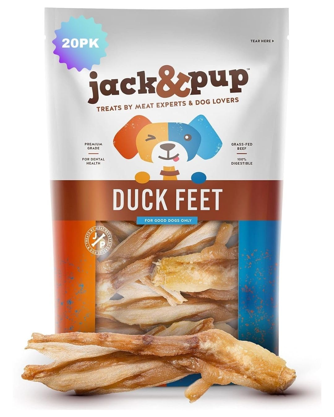 Jack&Pup pattes de canard: emballage pratique pour une collation naturelle.
