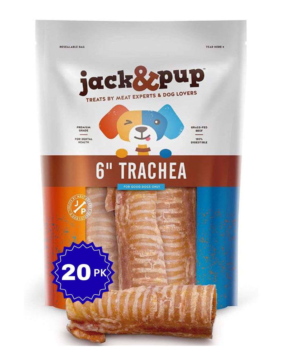 La friandise Jack&Pup-trachée-boeuf-6pouces est naturelle et durable pour l'entraînement.