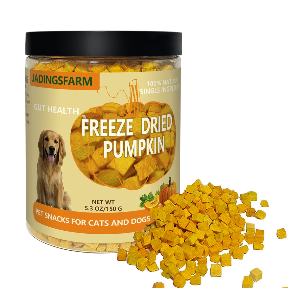 JADINGSFARM cubes de citrouille lyophilisée pour chiens, texture croustillante et snack pratique.