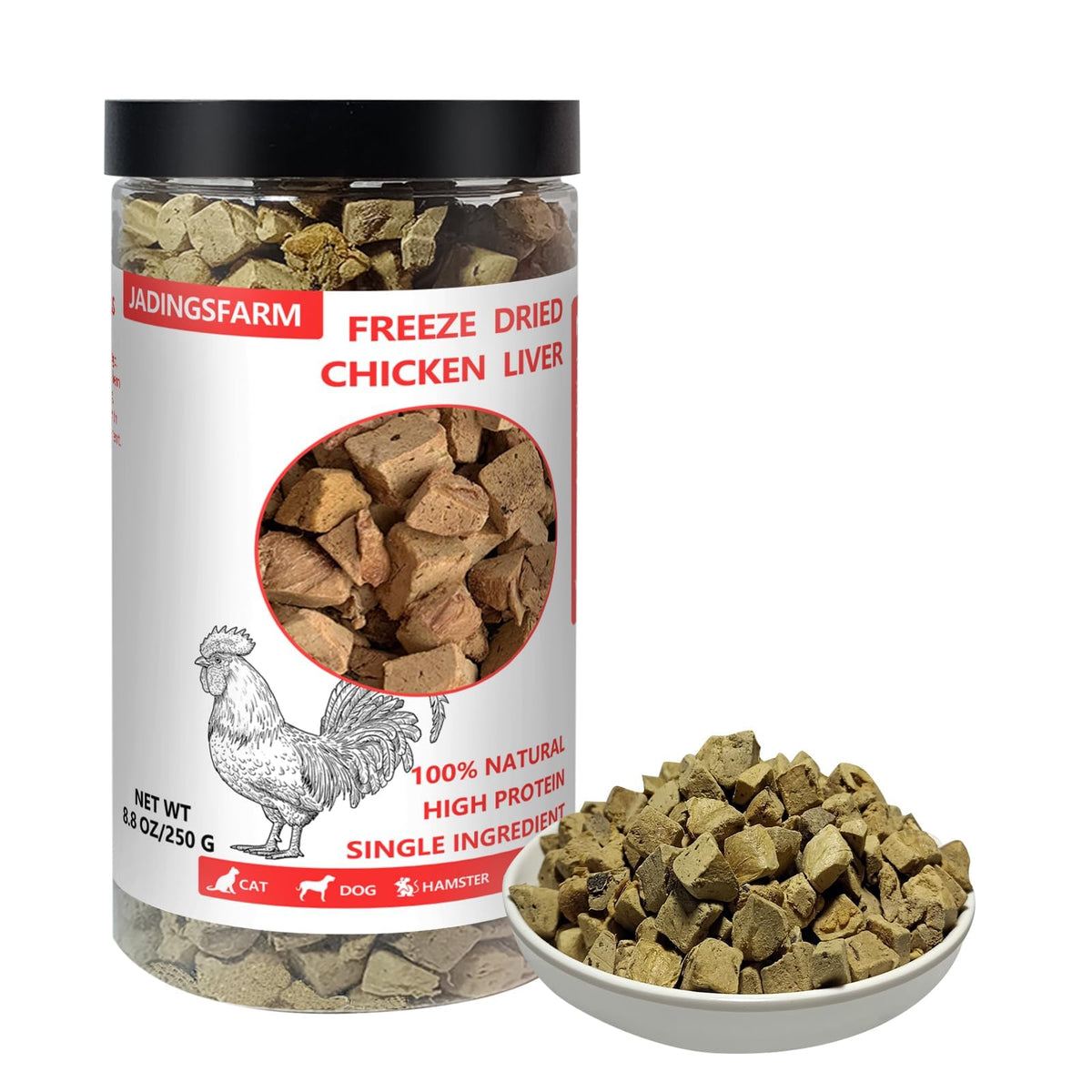 JADINGSFARM foie de poulet lyophilisé en bocal, riche en protéines pour chiens et chats.