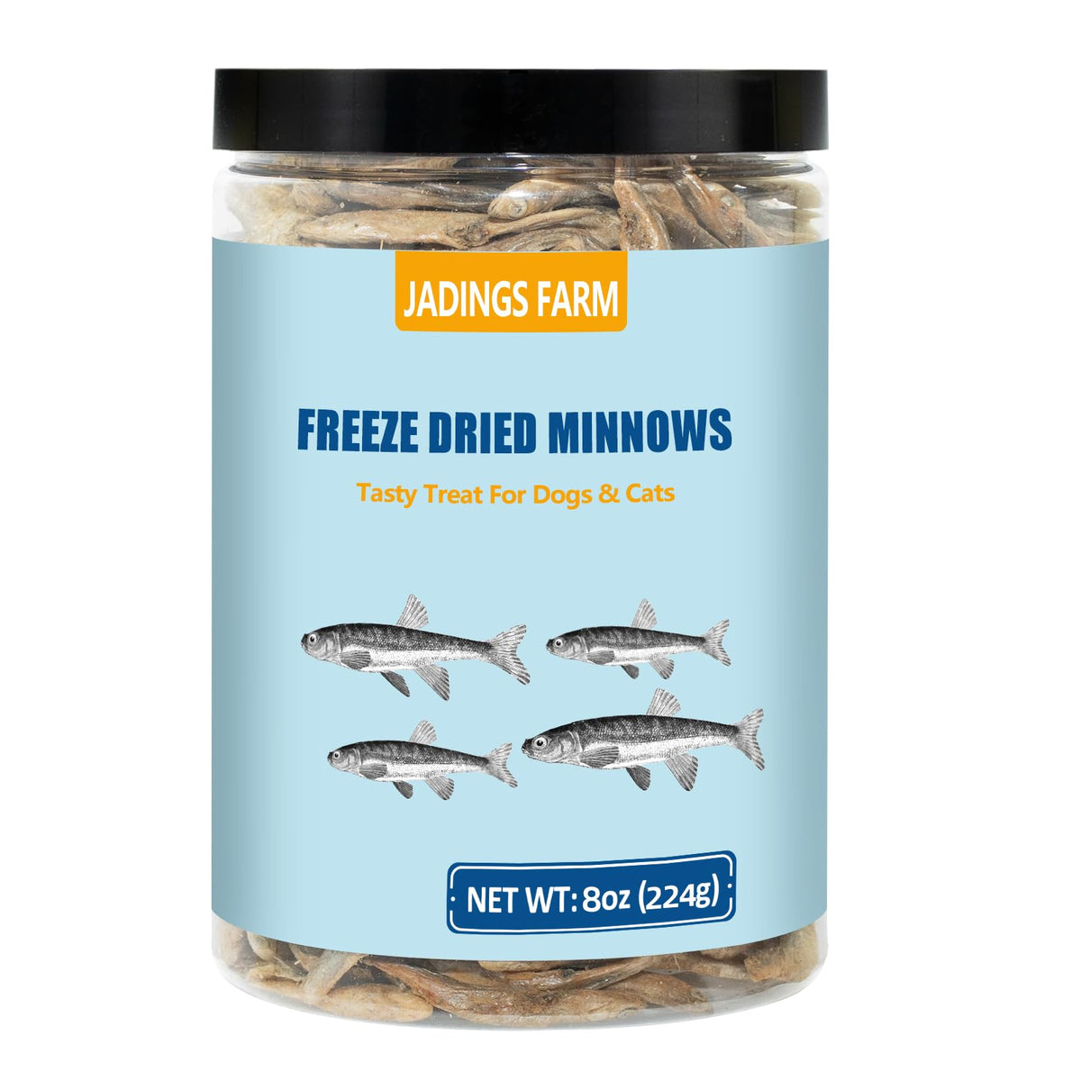 JADINGSFARM Minnows, boîte ouverte: friandises lyophilisées riches en protéines pour chiens et chats.