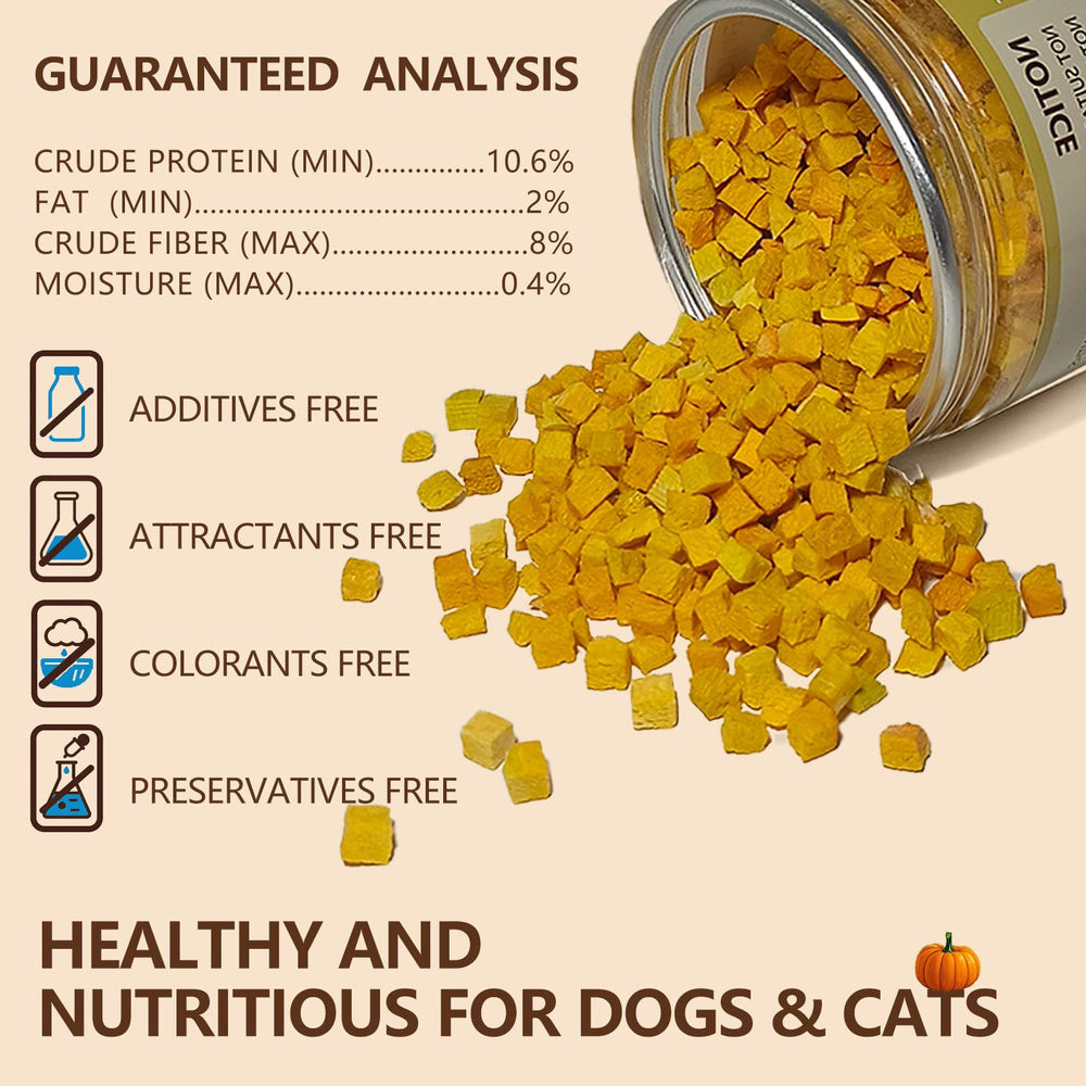 JADINGSFARM petites bouchées citrouille lyophilisée pour chiens et chats, soutien digestif potentiel.