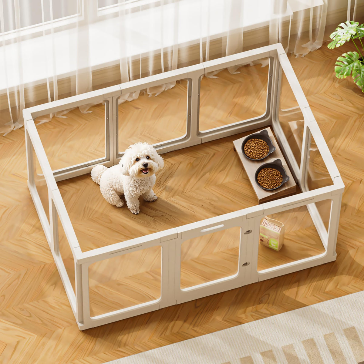 Jalove enclos chien en acrylique avec porte, visibilité et sécurité.