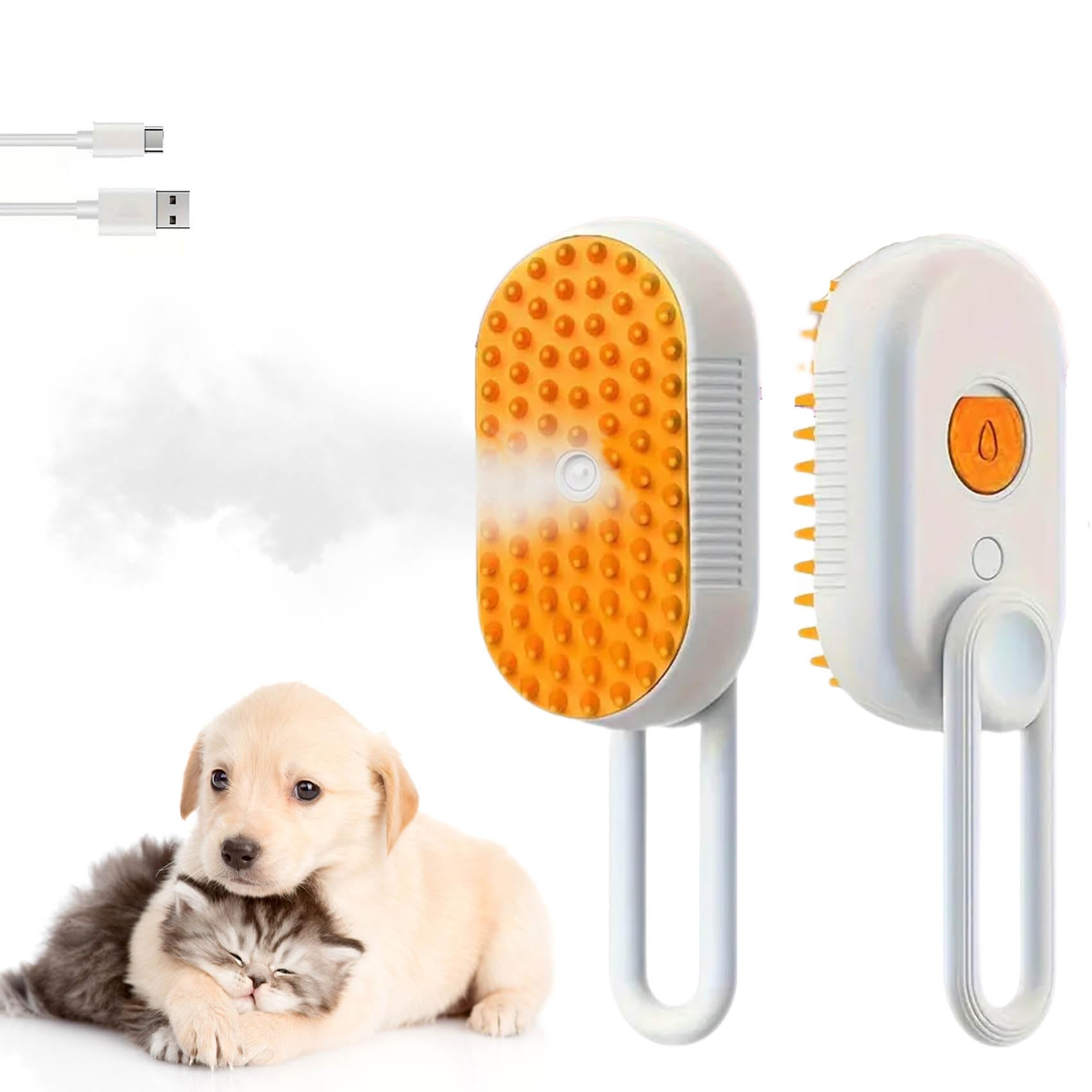 JAOPINK brosse chat vapeur en action pour réduire les poils volants.