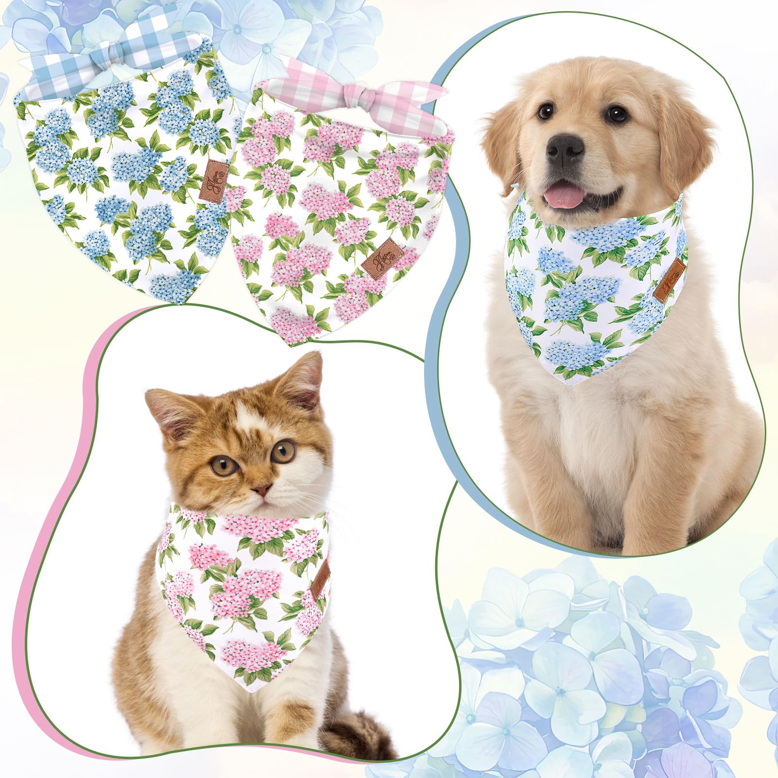 Bandana chat JarThenaAMCS hortensia rose bleu double-face, accessoire tendance.