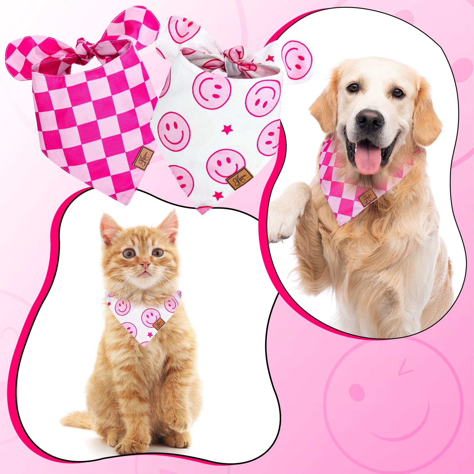 Bandana JarThenaAMCS chien carreaux rose, touche audacieuse pour promenades.