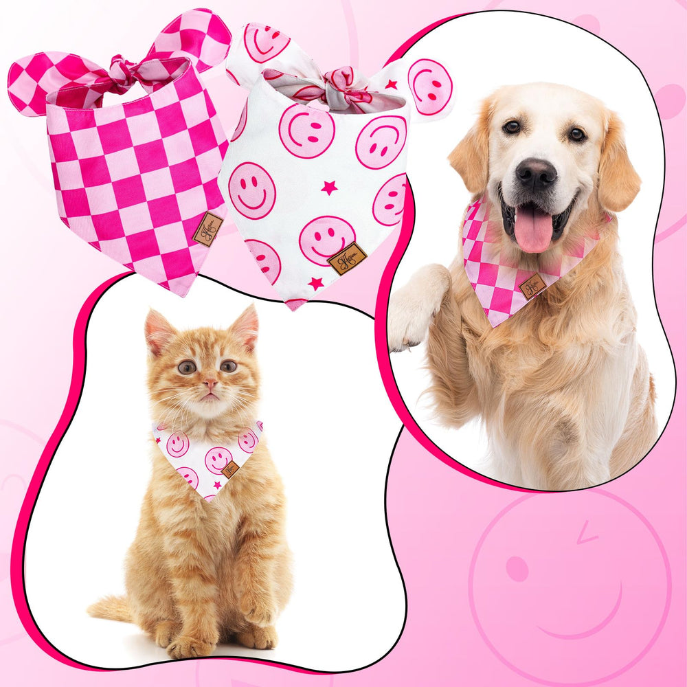 Bandana JarThenaAMCS chien carreaux rose, touche audacieuse pour promenades.