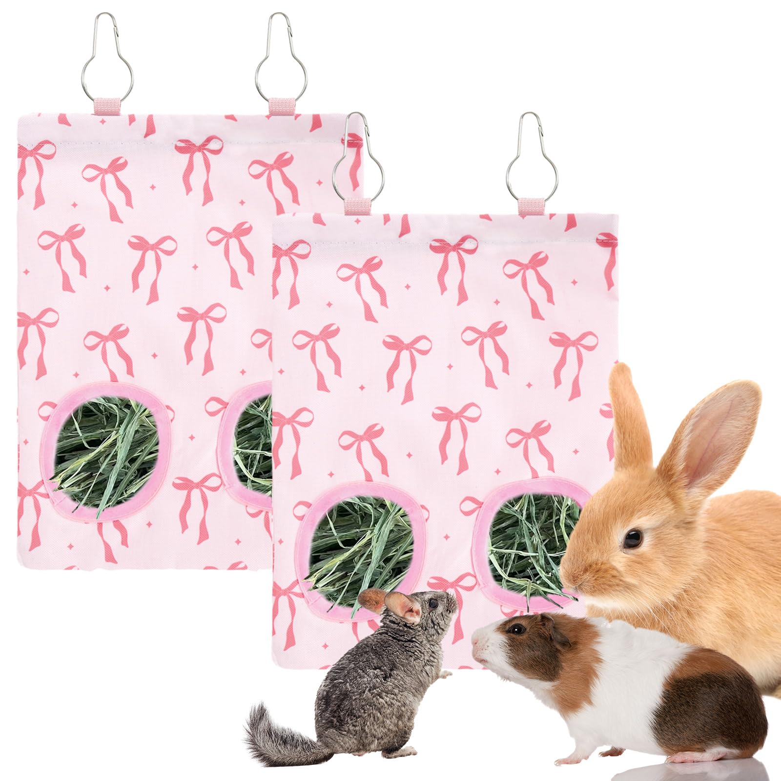 Sac d’alimentation JarThenaAMCS pour foin lapin, rose avec nœud, pratique et esthétique.