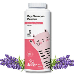 Jatisse chat: poudre-shampoing-sec lavande-romarin dans bouteille, parfum frais.