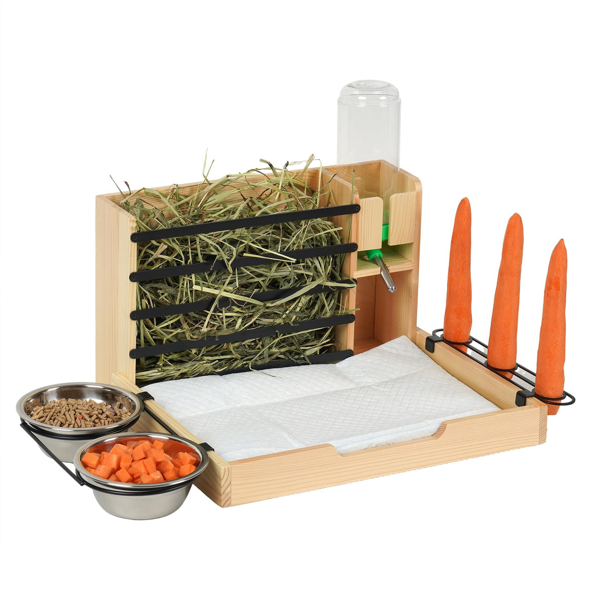 JAZUIHA distributeur foin en bois 4 en 1 pour l'alimentation et l'hygiène.