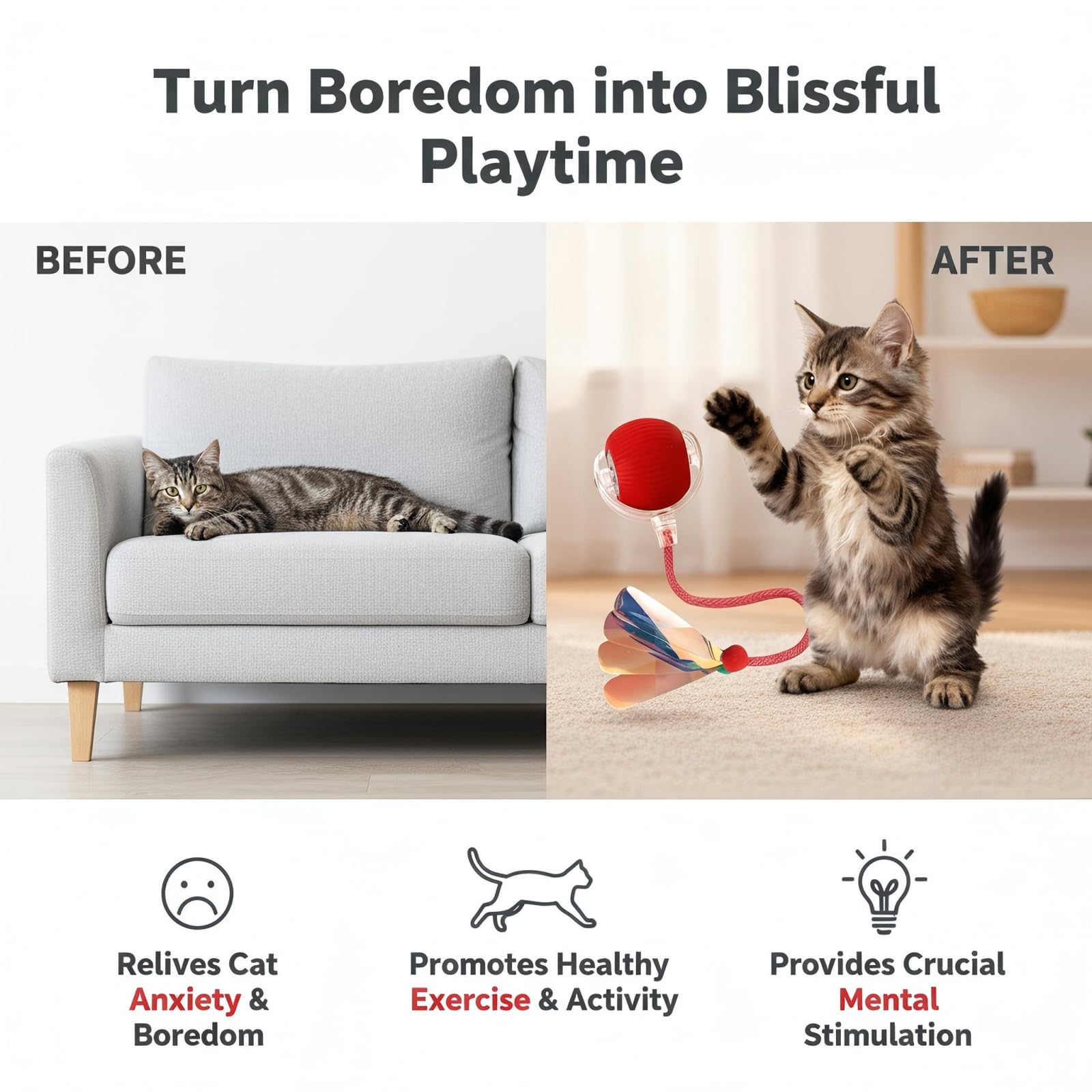 Balle JBD avec queue détachable attisant l’instinct de chasse du chat.