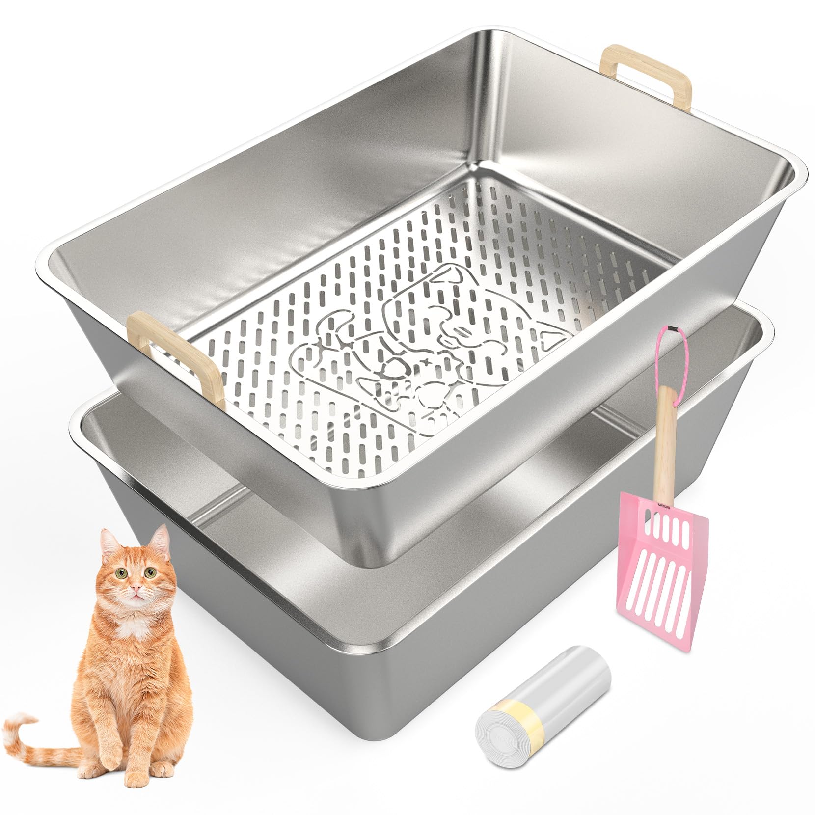 JDCQKHA boîte tamisage ensemble en inox XXL pour grands chats, nettoyage rapide.