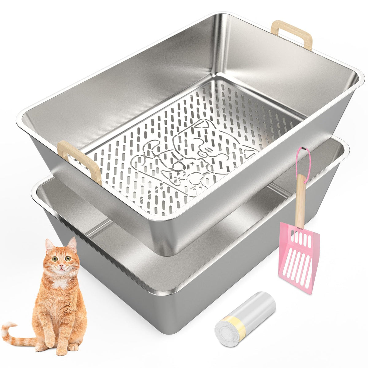 JDCQKHA boîte tamisage ensemble en inox XXL pour grands chats, nettoyage rapide.