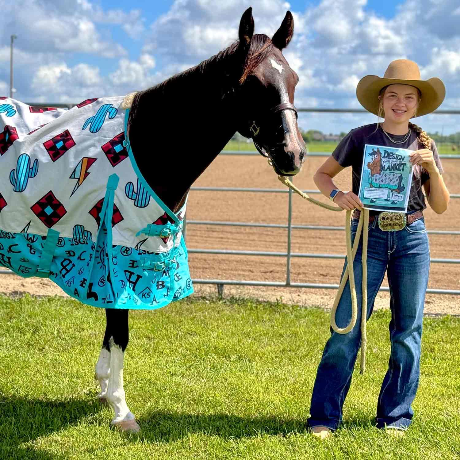 Couverture Jeffers Economy Plus avec motif western gris-turquoise offrant protection imperméable.