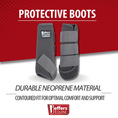 Bottes protectrices Jeffers équine gris, vue arrière, protection des membres en déplacement.