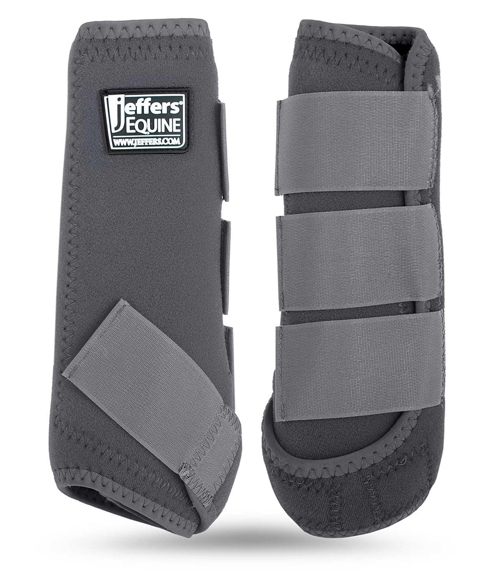Bottes protectrices Jeffers équine gris, vue avant, maintien sûr pendant l'entraînement.