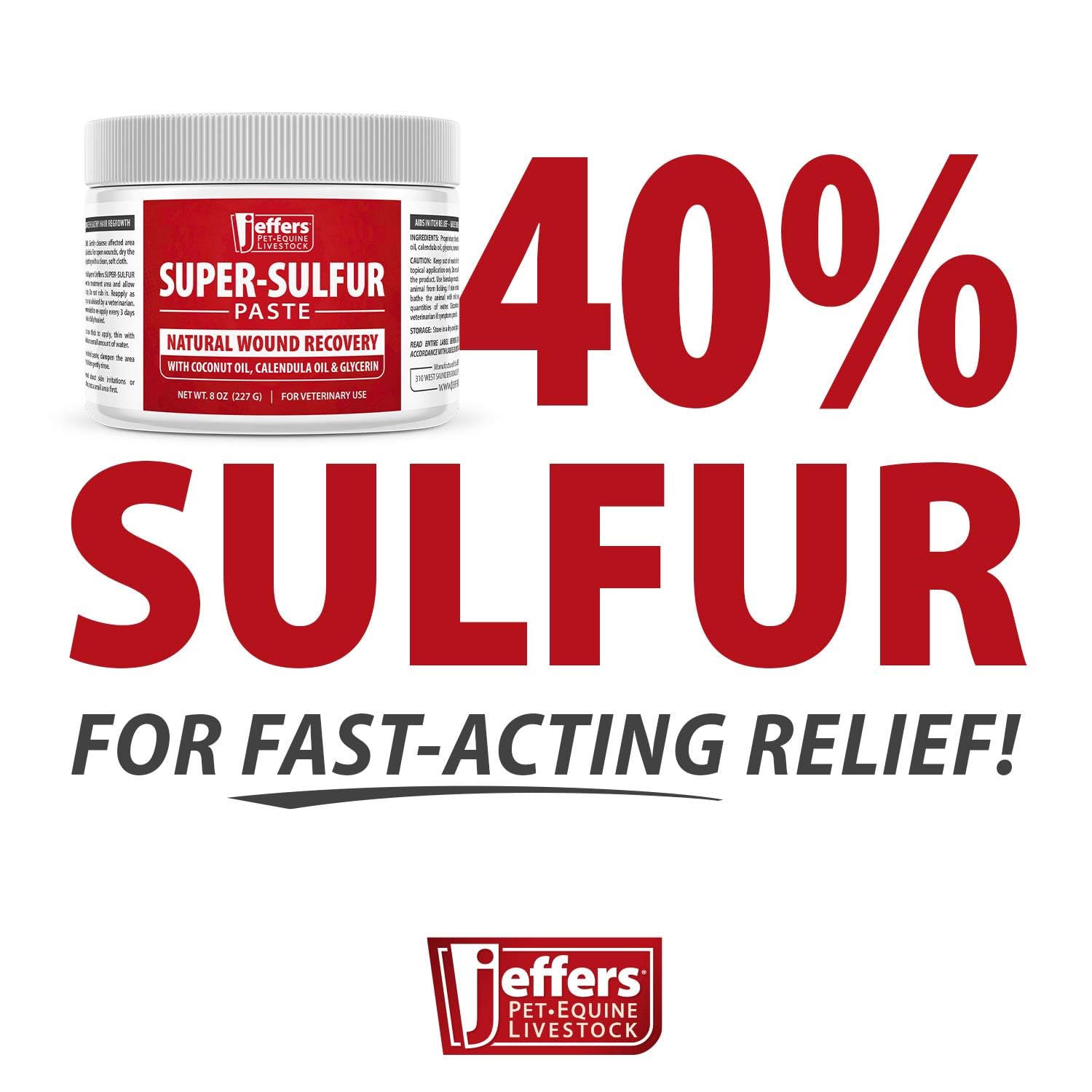 Usage polyvalent de Jeffers Super Sulfur pour chiens, chats et chevaux.