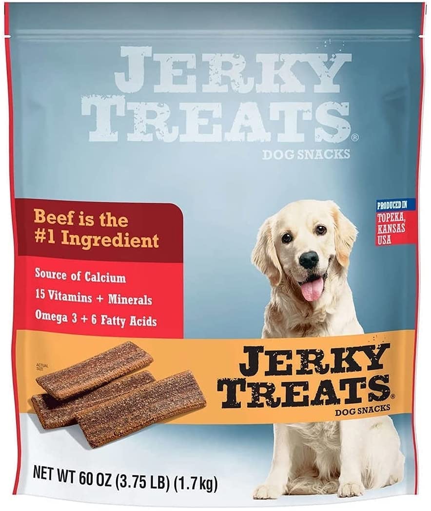 Jerky Treats Tranches Boeuf Tendres - emballage et nouvelle recette attrayante pour chien.