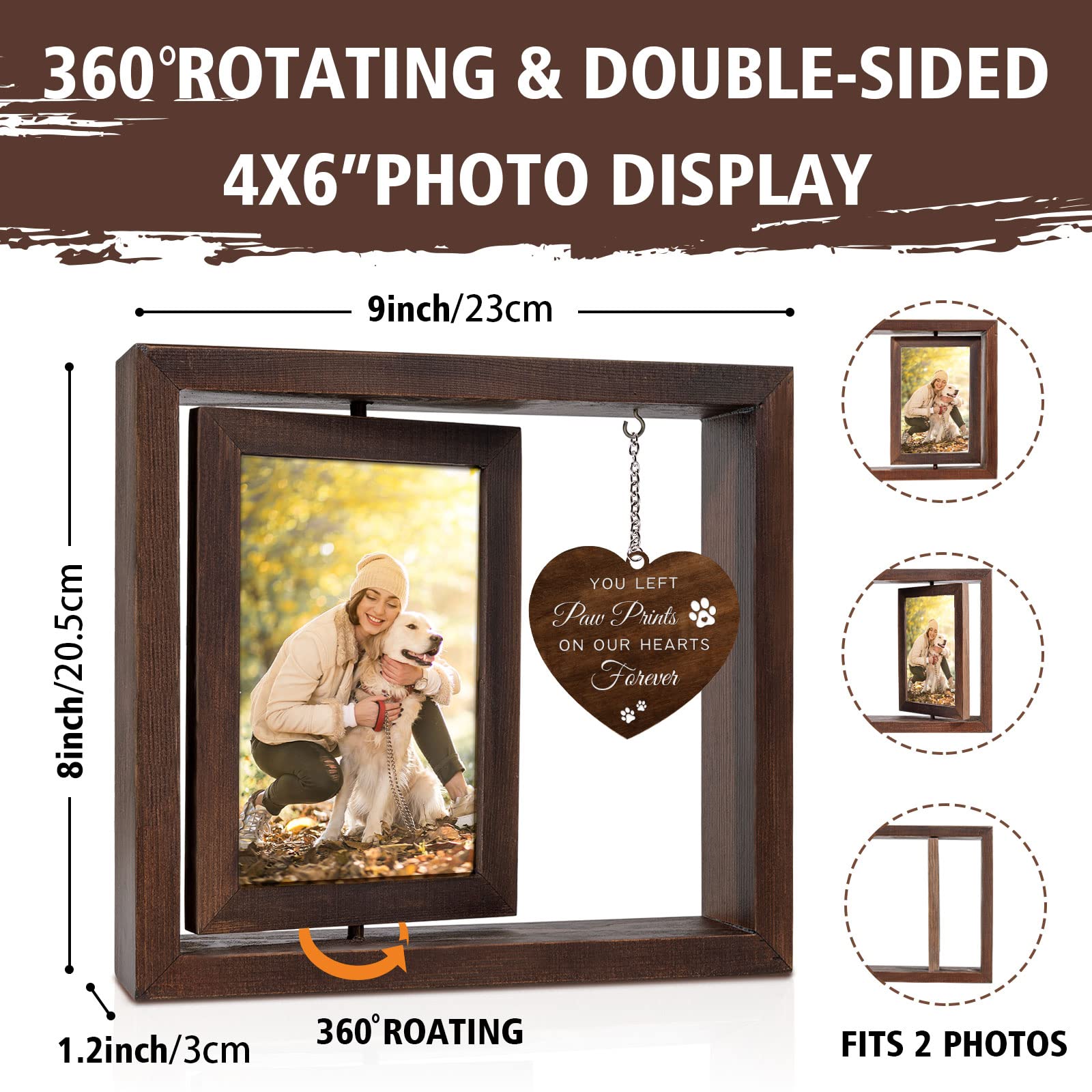 Jigfoxy cadre photo rotatif en bois 4x6, cadeau de deuil pour animal cher.
