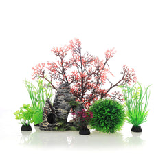 Décor JIH Aquarium: plantes plastiques et grotte rocheuse pour créer un habitat sûr et naturel.