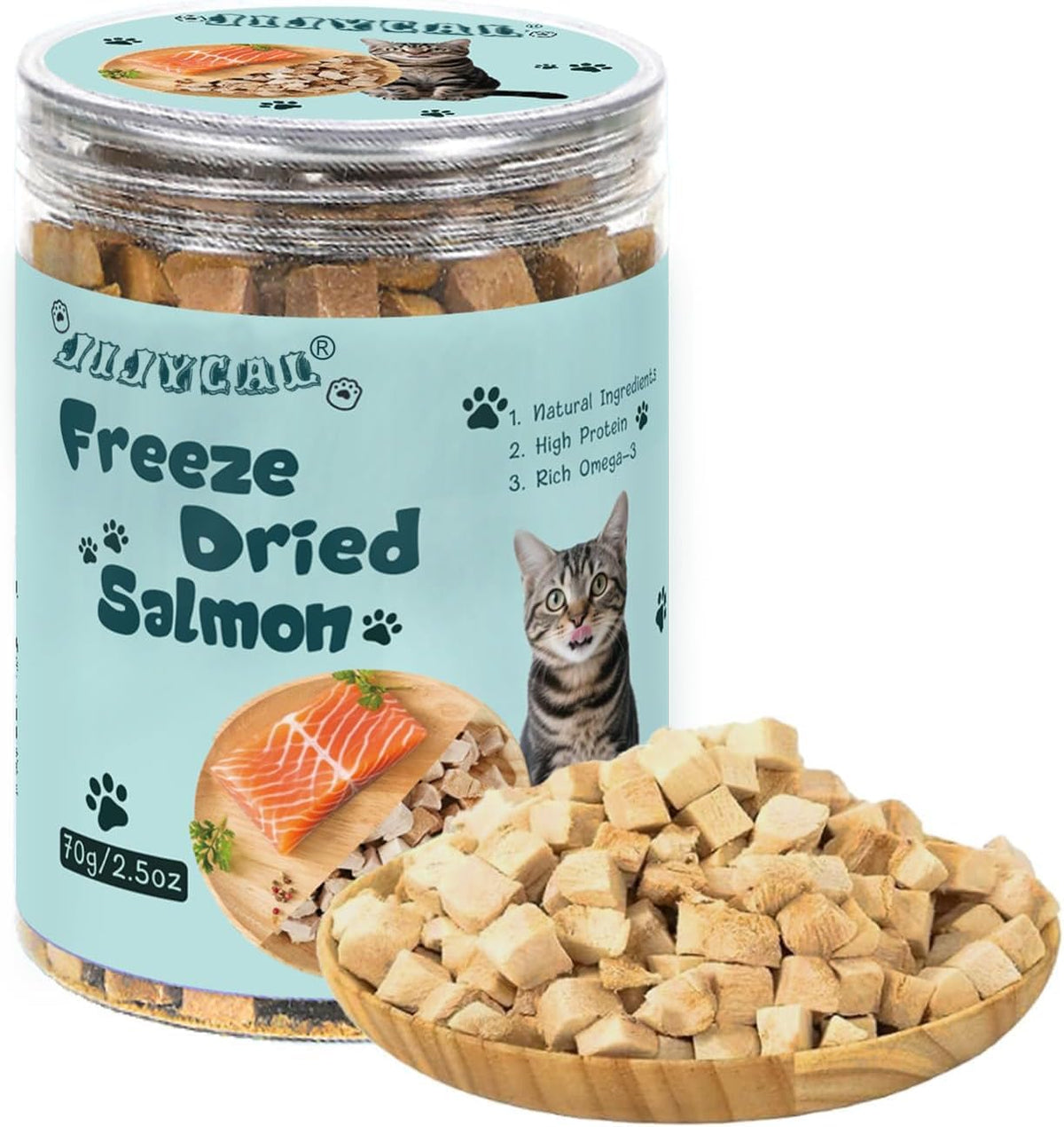 Jijycal conserve 80 g saumon lyophilisé, friandise pratique et protéinée.
