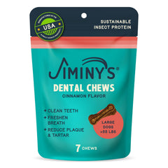 Jiminy's Dental Chews chien cannelle—haleine plus fraîche après mastication.