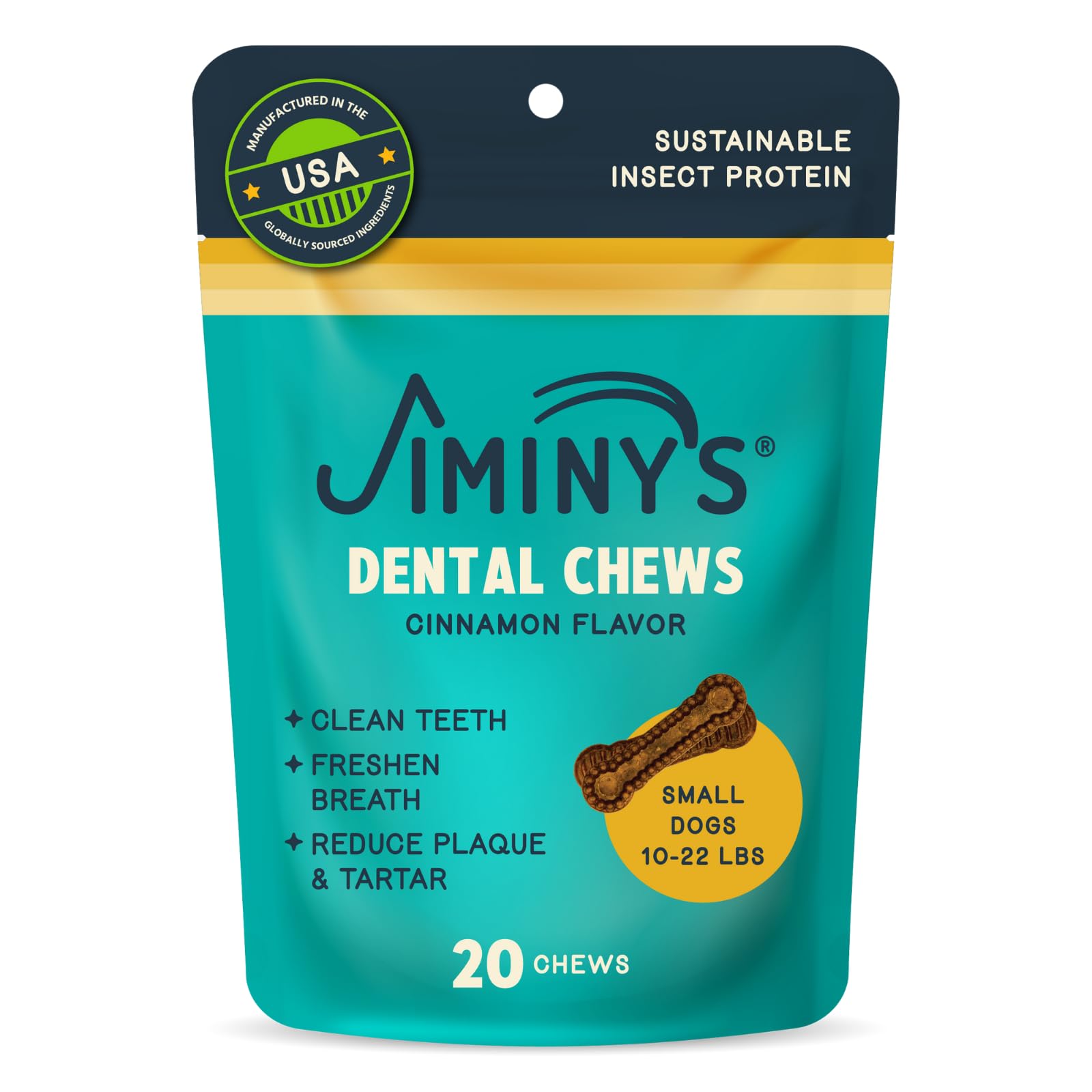 Emballage Jiminy's friandises dentaires cannelle, usage pratique.