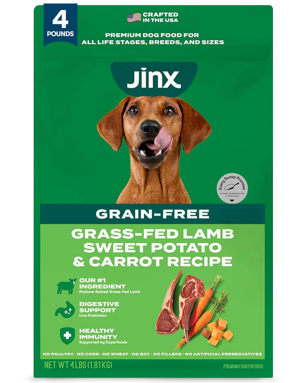 Jinx croquettes agneau pour chien, texture croquante et nutrition complète.