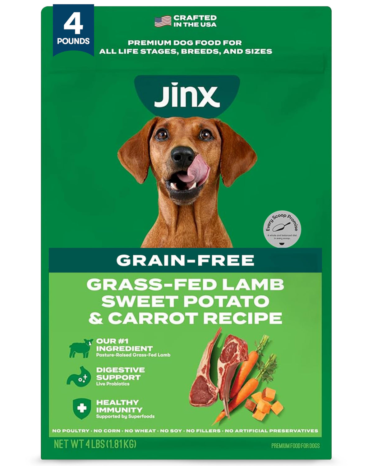 Jinx croquettes agneau pour chien, texture croquante et nutrition complète.