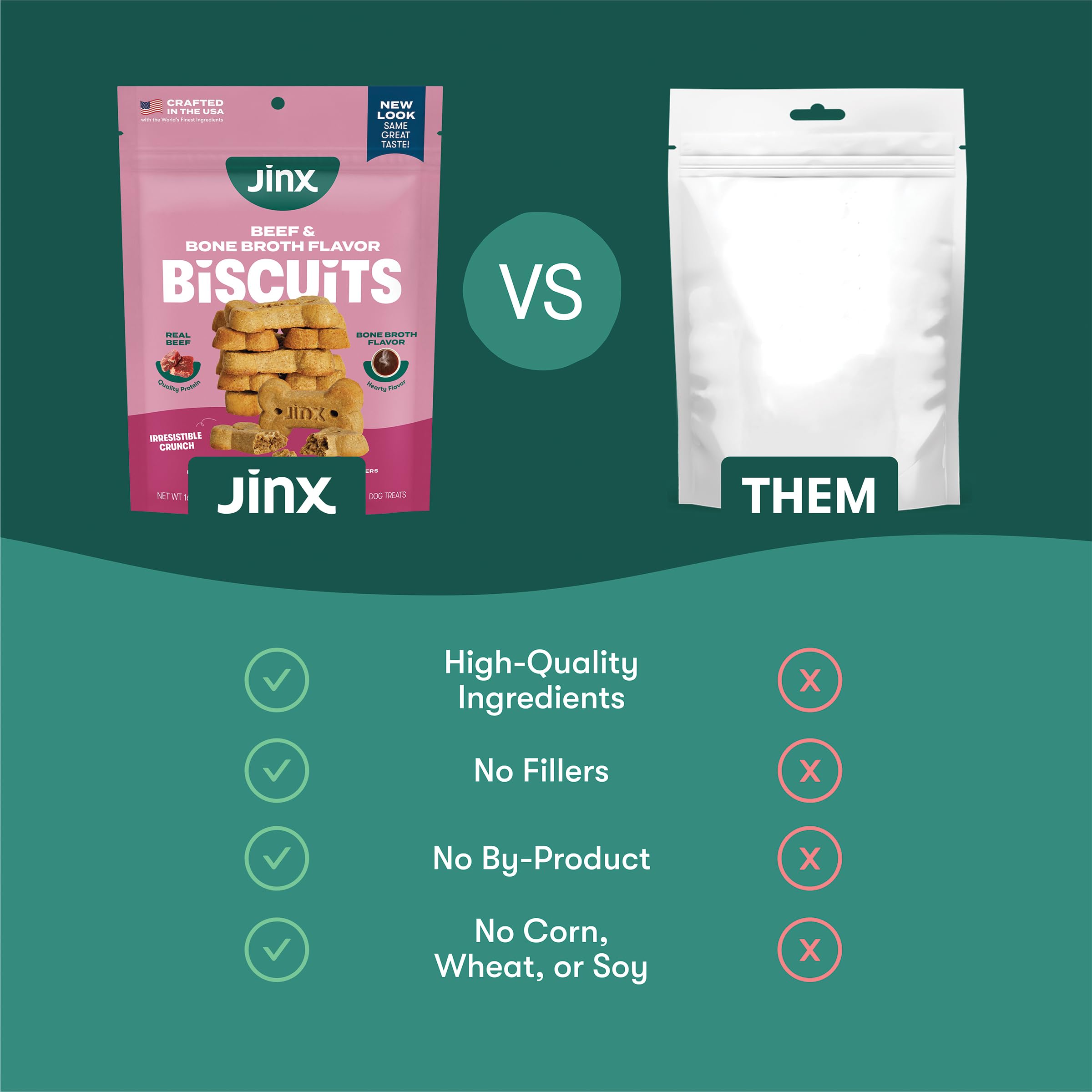 Biscuit Jinx fabriqué aux États‑Unis - étiquette et provenance visibles.