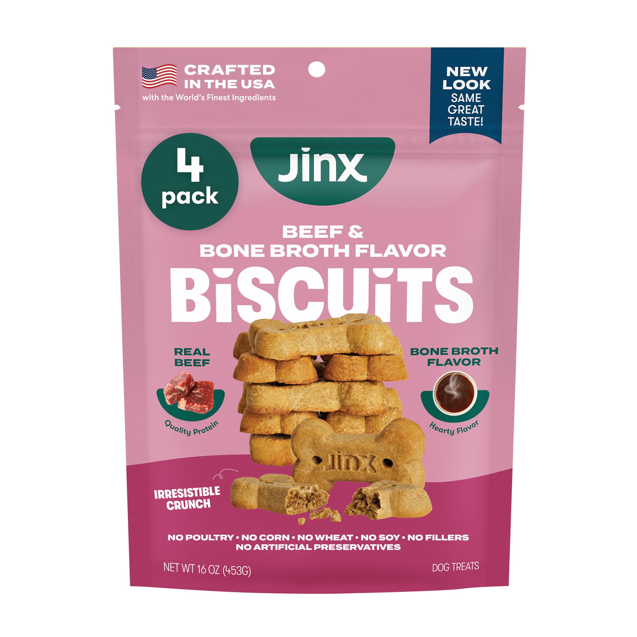 Biscuit Jinx au bouillon d'os de bœuf - emballage visible, snack pratique pour chien.