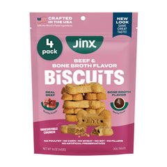Biscuit Jinx au bouillon d'os de bœuf - emballage visible, snack pratique pour chien.