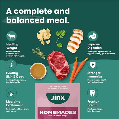 Jinx fait maison boeuf et poulet, morceaux tendres visibles dans la poche.