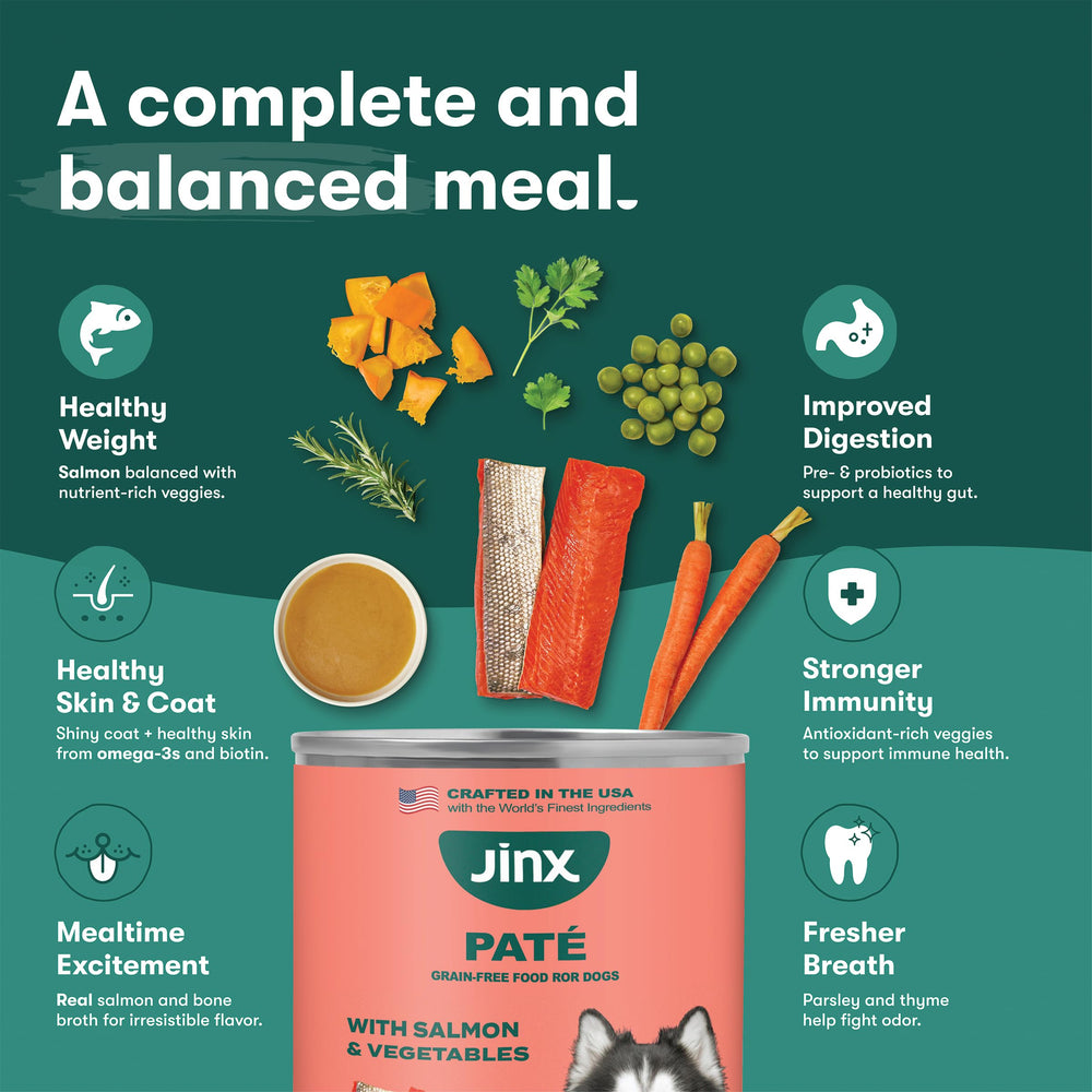 Jinx Saumon Pâté, protéines élevées pour soutenir la masse musculaire.