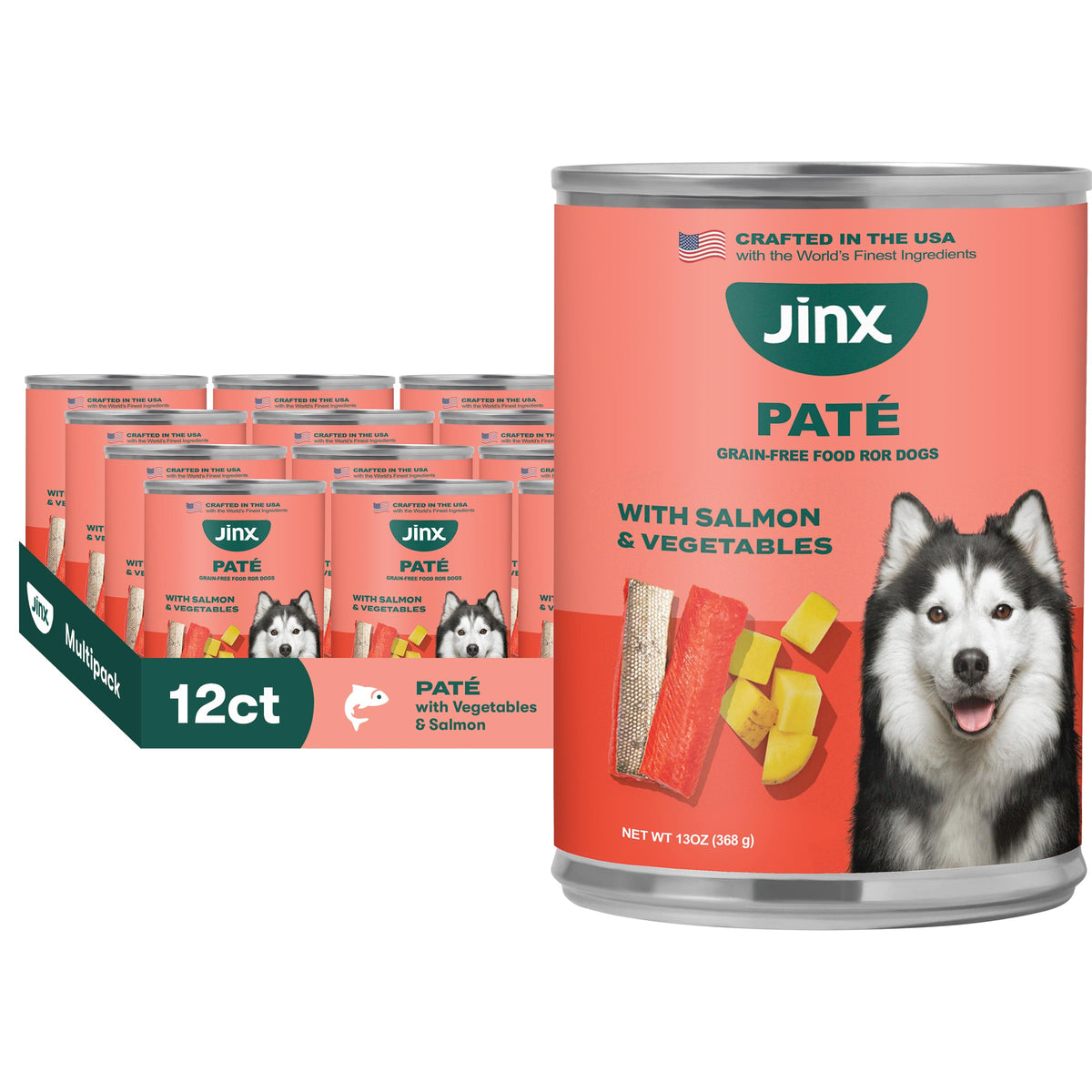 Jinx Saumon Pâté, texture crèmeuse facilitant l'alimentation des chiens difficiles.