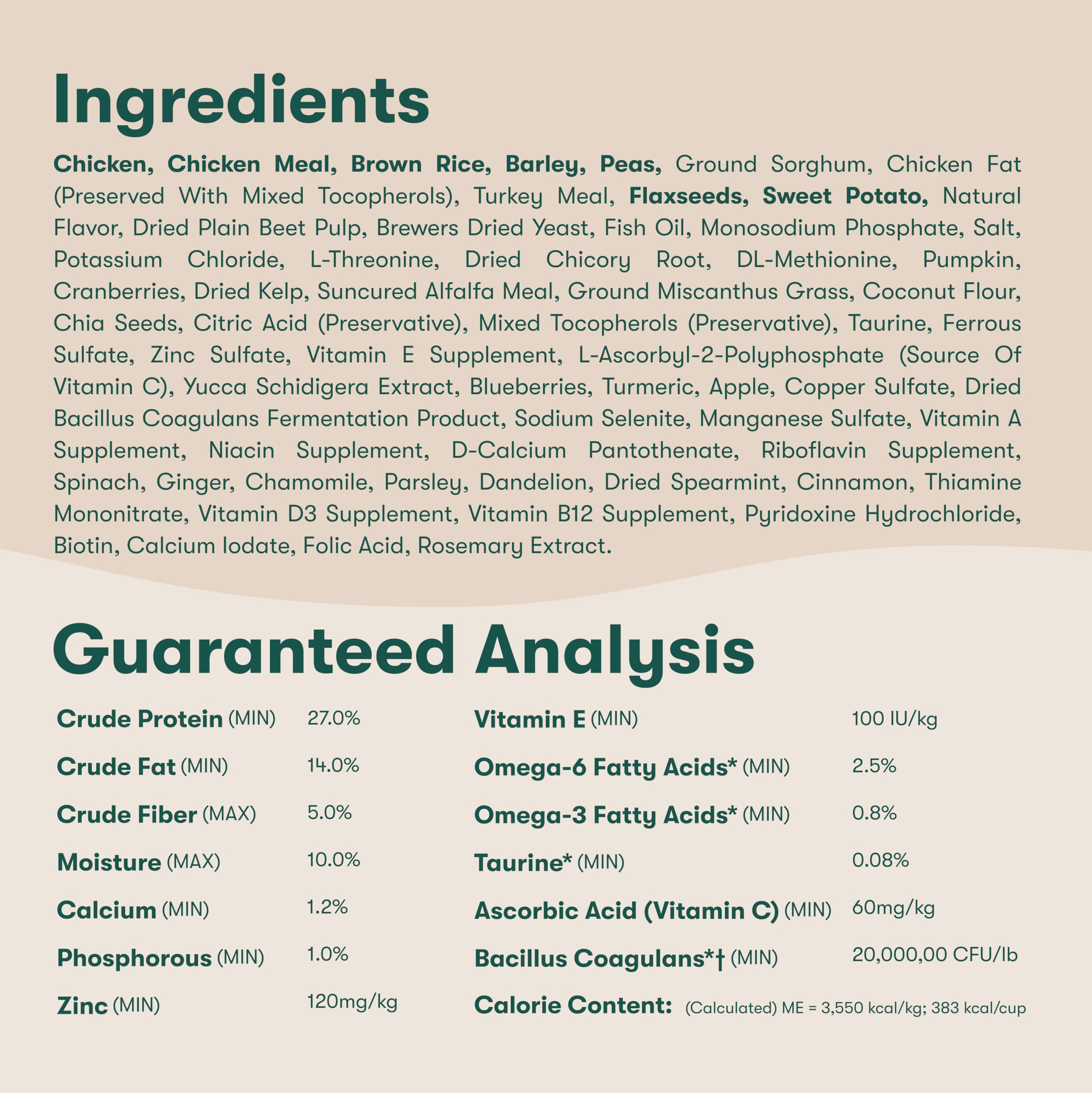 Produit sans maïs, blé et soja, ingrédients propres et fiables.