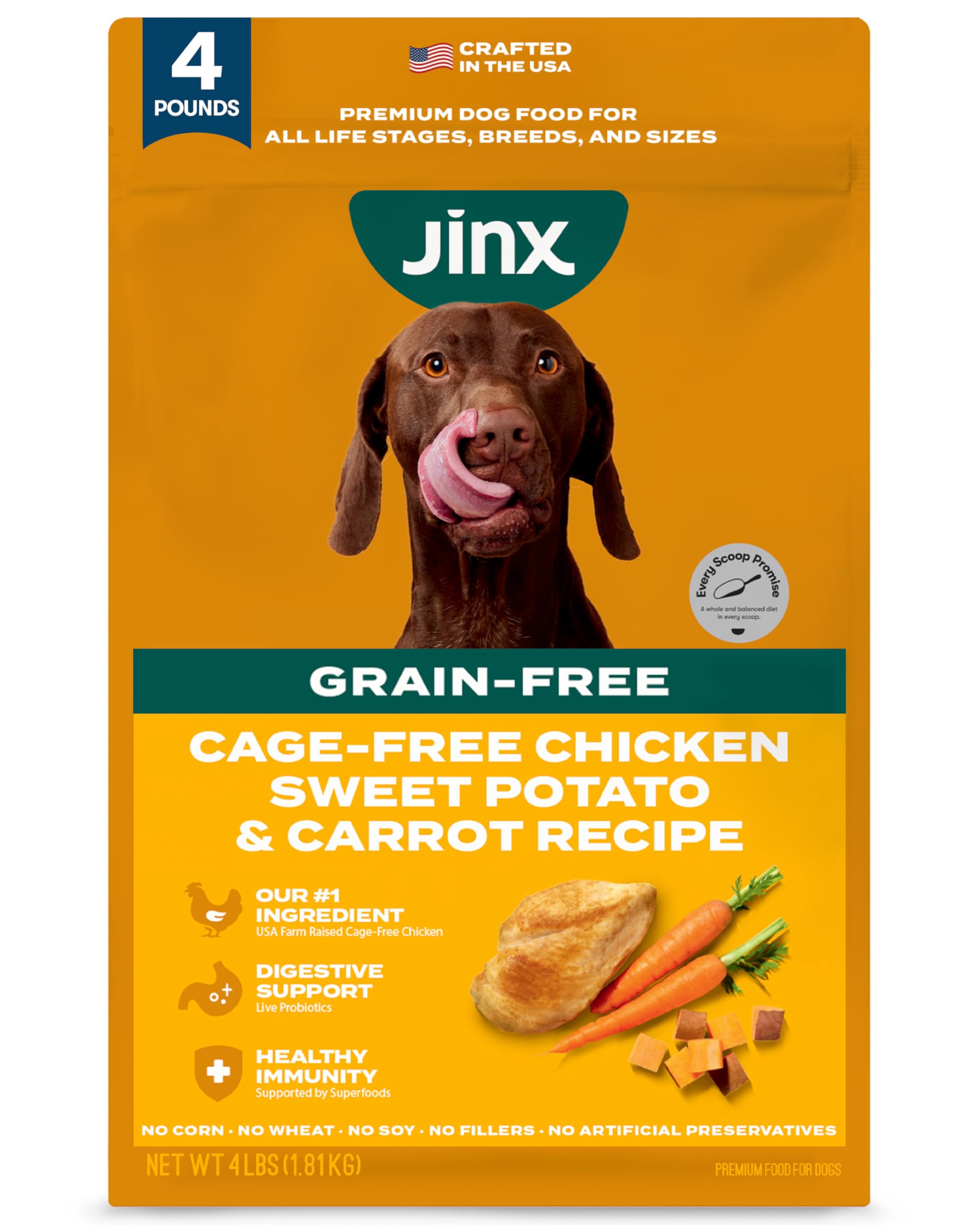Croquettes Jinx au poulet et patate douce pour chiens de tous âges, texture croquante.