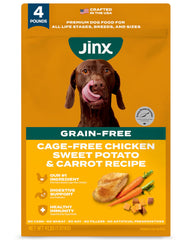 Croquettes Jinx au poulet et patate douce pour chiens de tous âges, texture croquante.