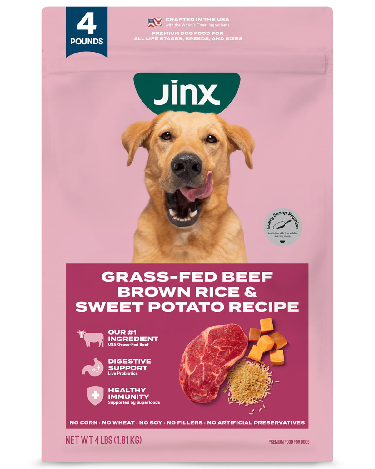 Emballage Jinx Premium Sec Chien: présentation claire et premium pour le repas.