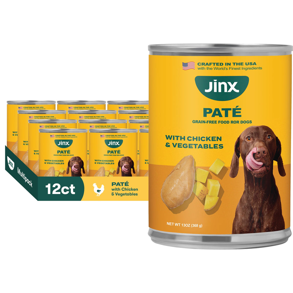 Jinx Pâté Poulet et Légumes – boîtes sans céréales idéales pour chiens sensibles et actifs.