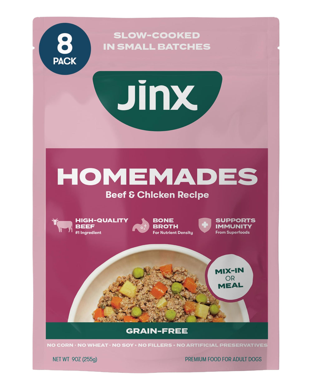 Sachets Jinx d'alimentation humide pour chien boeuf et poulet, pratique et prête à servir.