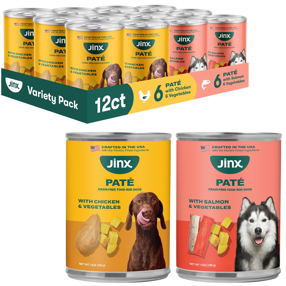 Pack varié Jinx Premium Saumon et Poulet, pâté humide appétissant pour chiens.