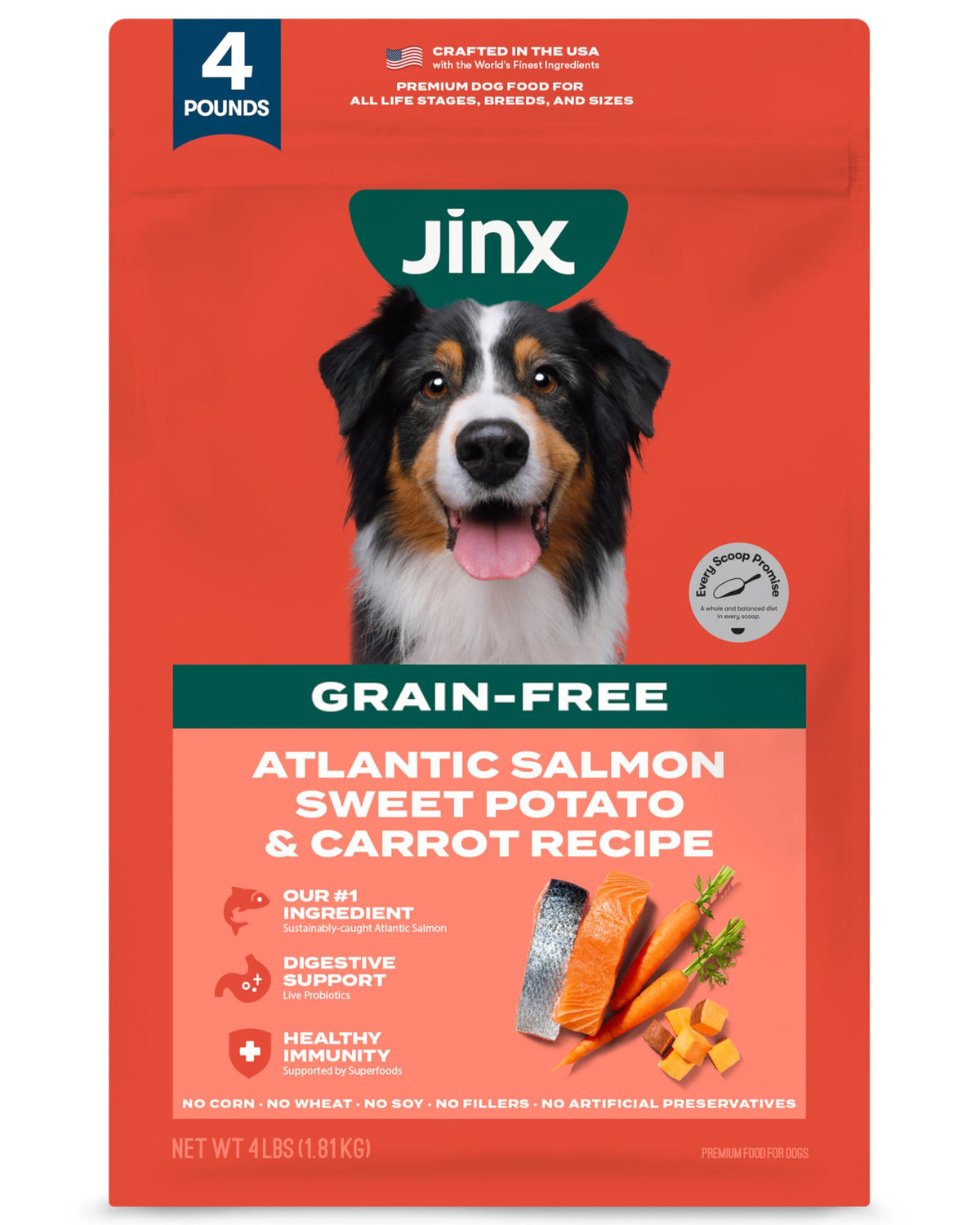 Jinx Premium Sans Céréales croquettes saumon, nutrition équilibrée pour chiens