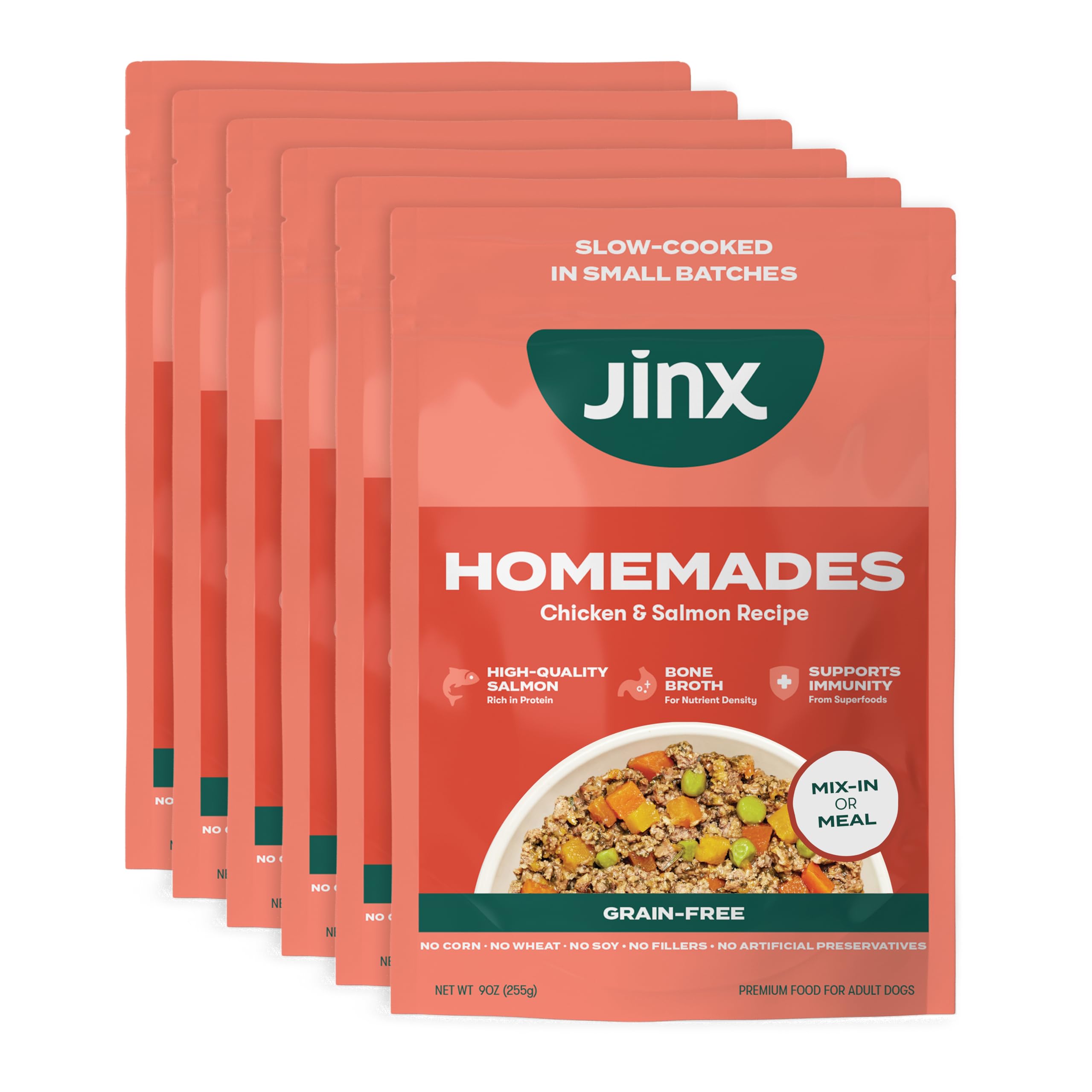 Jinx saumon sans céréales en sachets, emballage pratique pour service rapide.